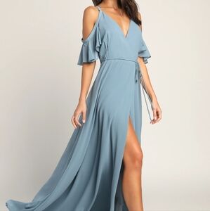 Lulu's Easy Listening Slate Blue Cold-Shoulder Wrap Maxi Dress